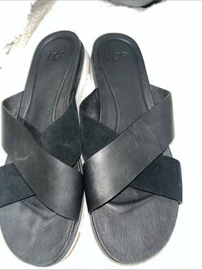 UGG Black Leather & Suede Crisscross Slide Sandals